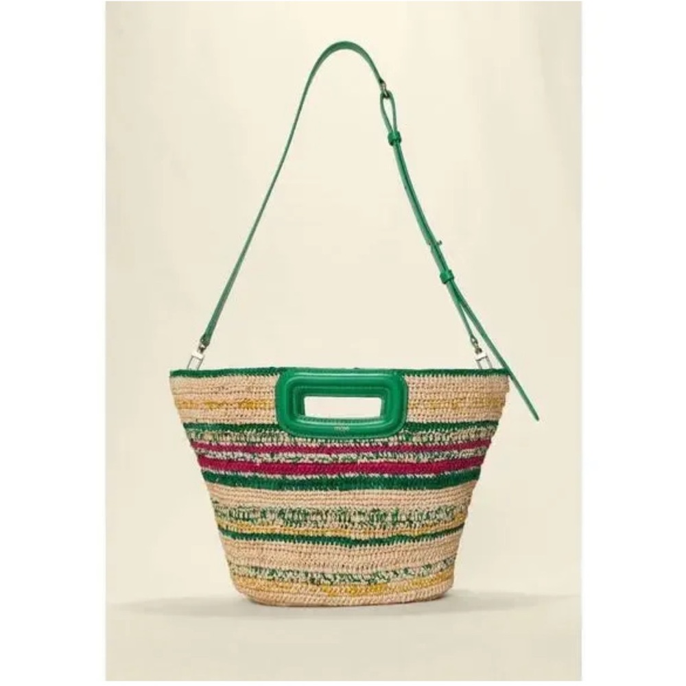 Maje Mini striped raffia basket in Casino Green NWT